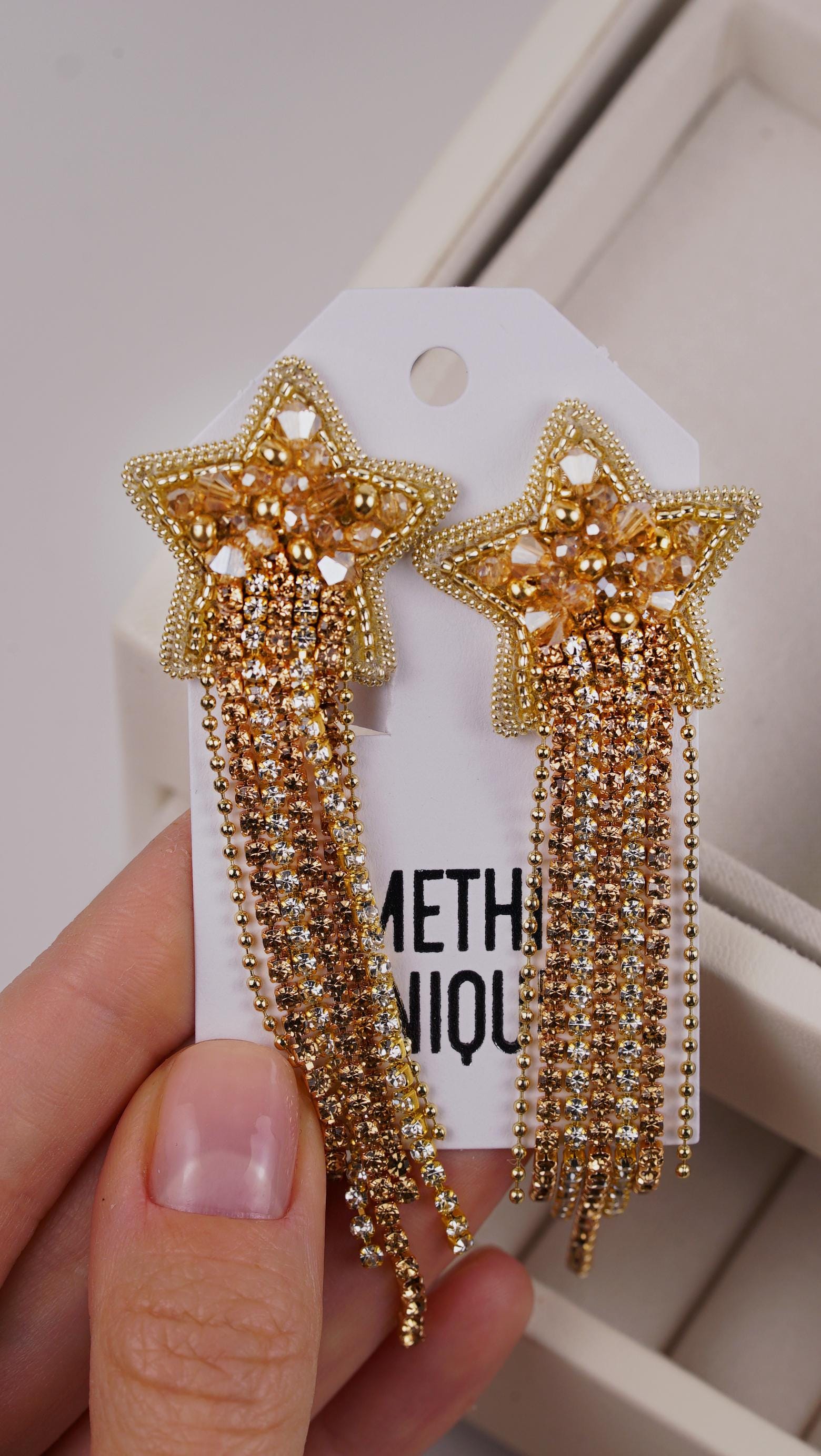 Gold Star Beaded Ear Clips – Handmade with Glass Crystal Beads and Rhinestone Chains - Thumbnail 6