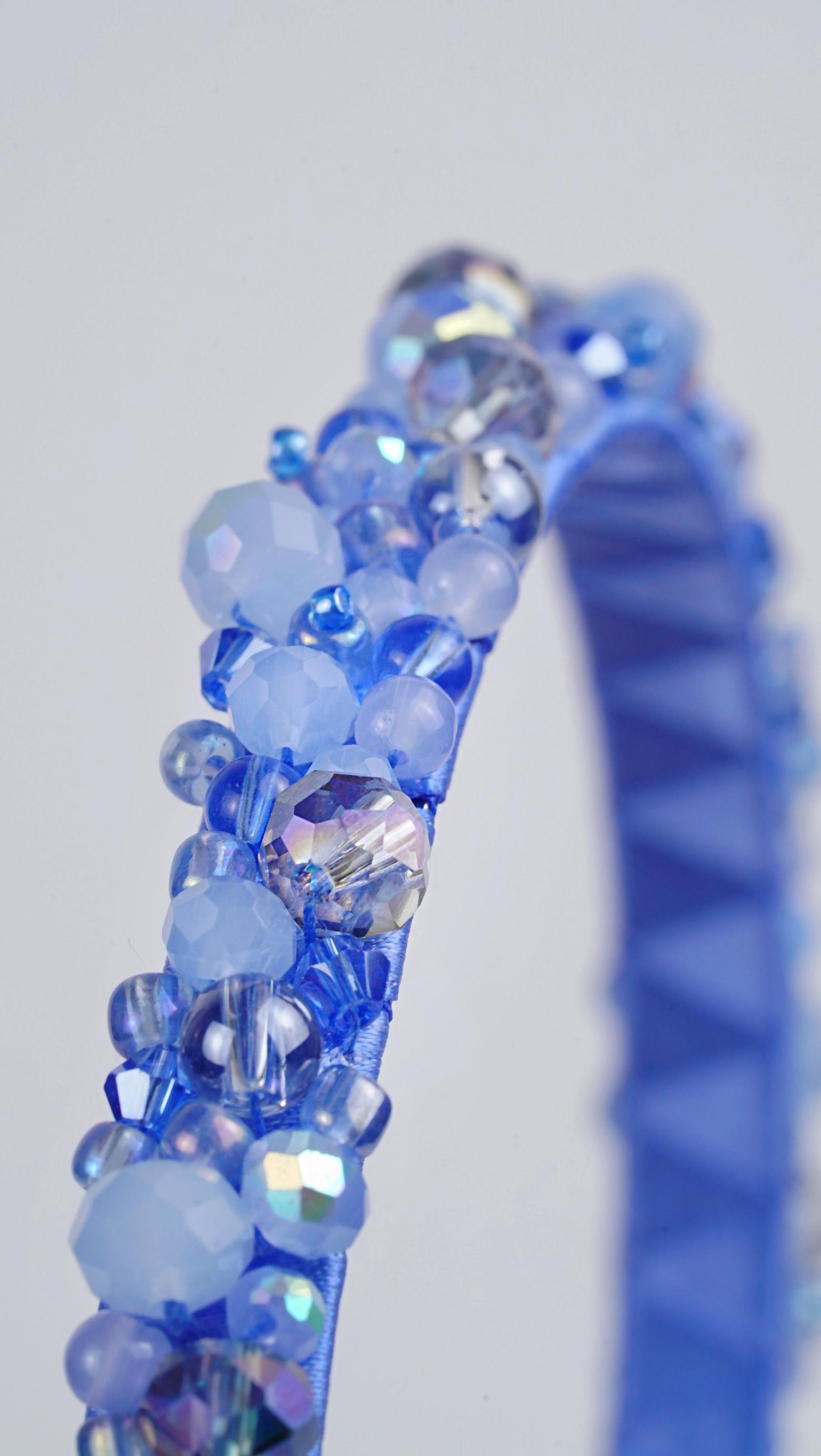 Sky Blue Beaded Headband – Handmade Satin Wrapped Crystal Headband, Sparkly Hair Accessory, Blue Beaded Hairband, Unique Gift for Her - Thumbnail 4