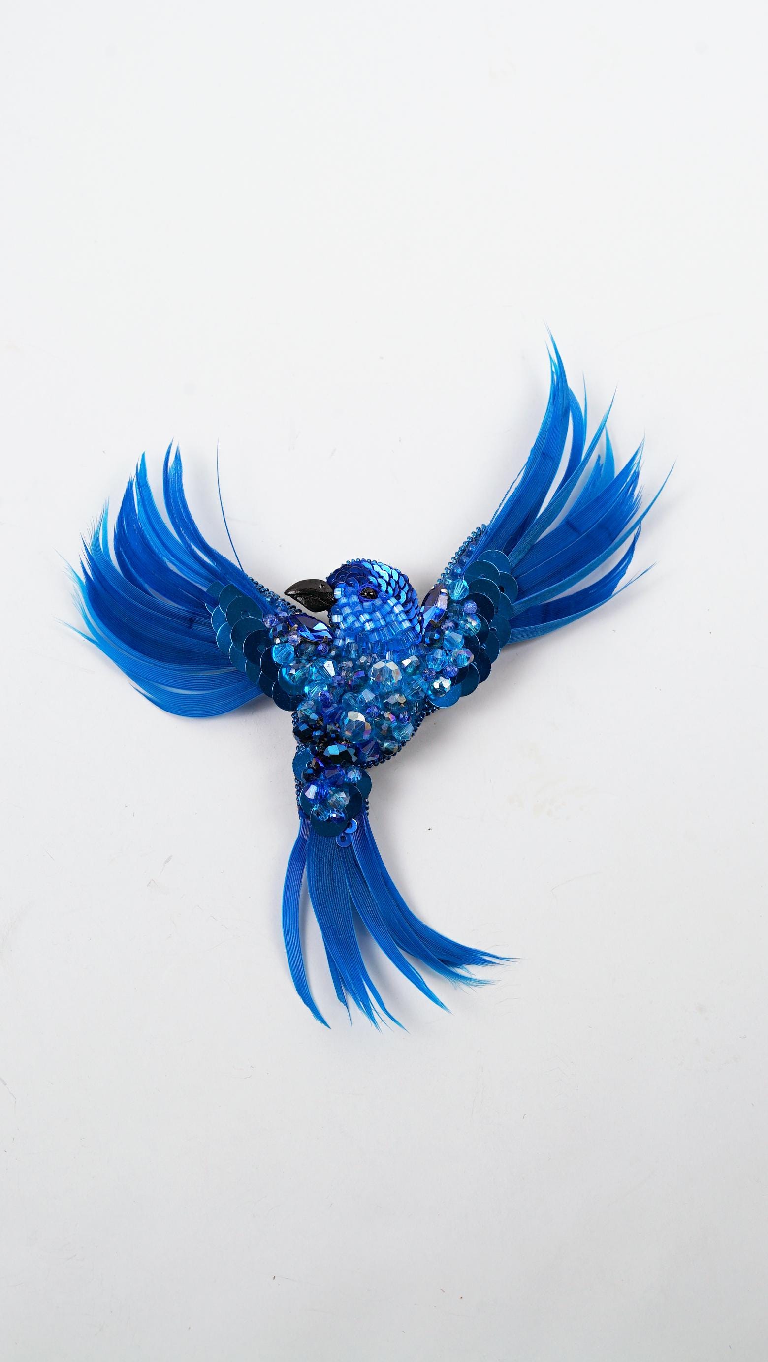 Aqua Blue Aurora Bird Brooch – Handmade Beaded Statement Pin with Feathers and Crystals - Thumbnail 5