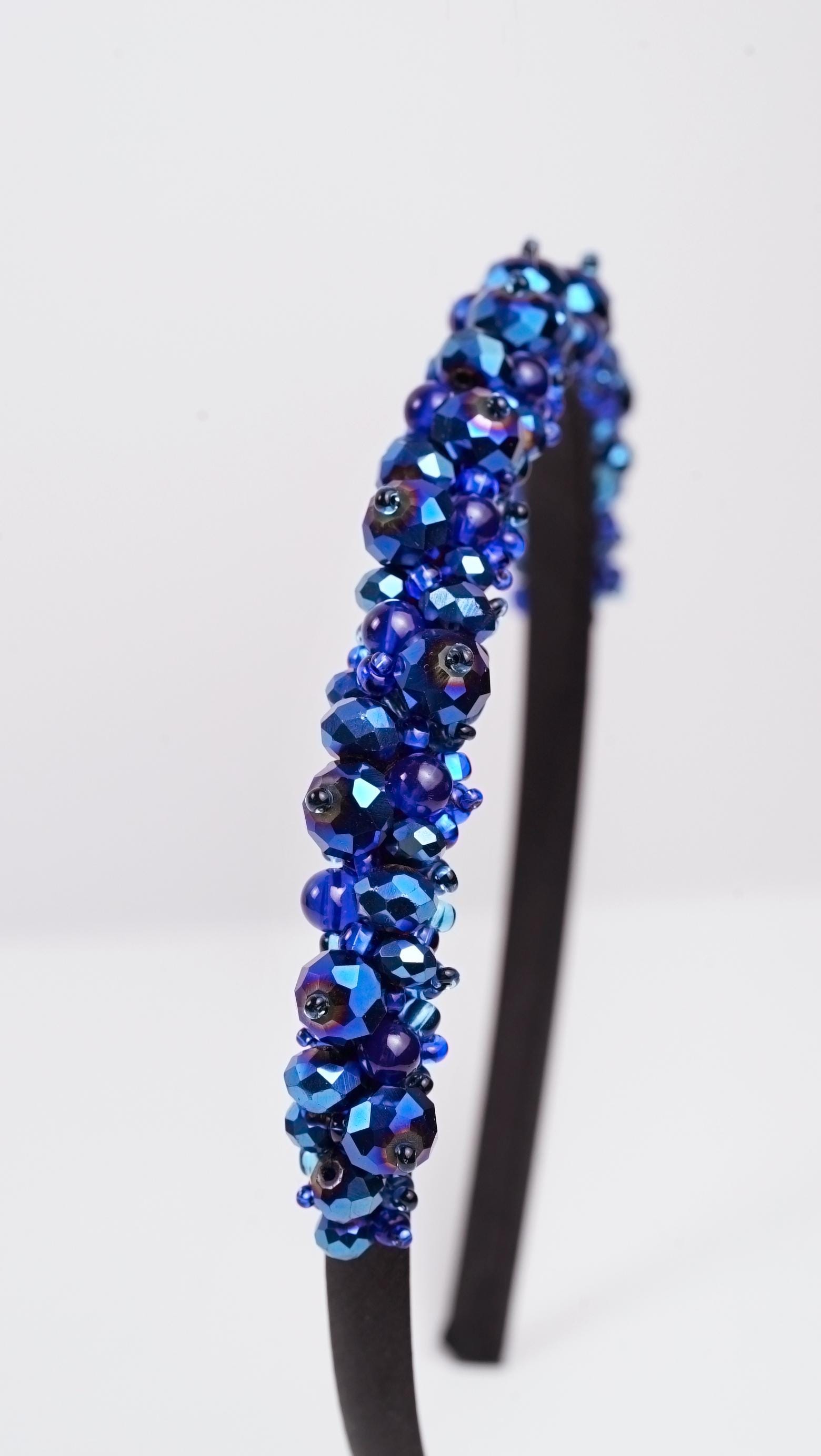 Sapphire Blue Beaded Crown Headband – Handmade Luxury Crystal Hair Accessory - Thumbnail 2