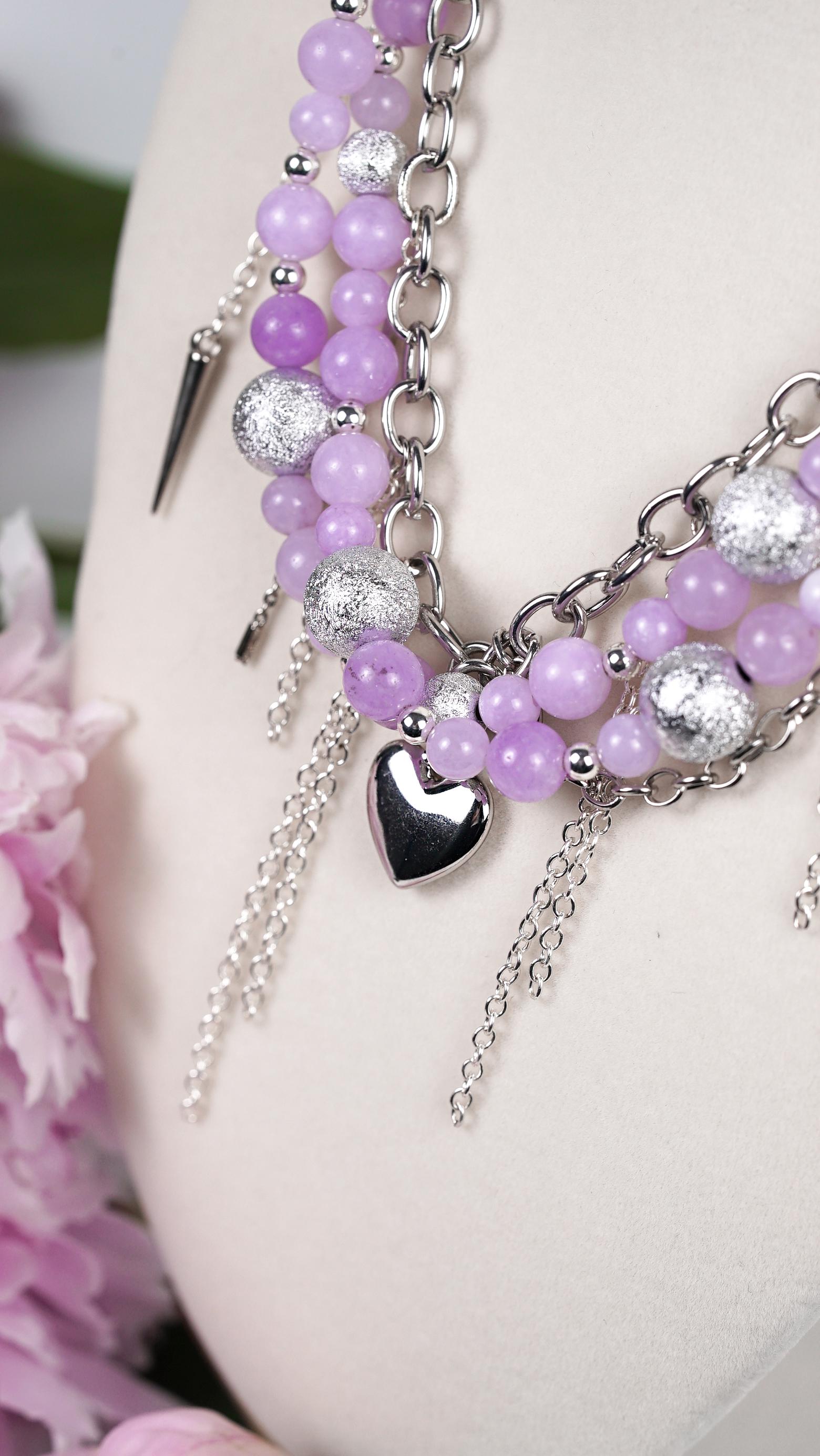 Lavender Rebel Necklace – Chunky Beaded Statement Necklace with Silver Chains, Heart Charm & Edgy Details | Handmade Unique Jewelry - Thumbnail 3
