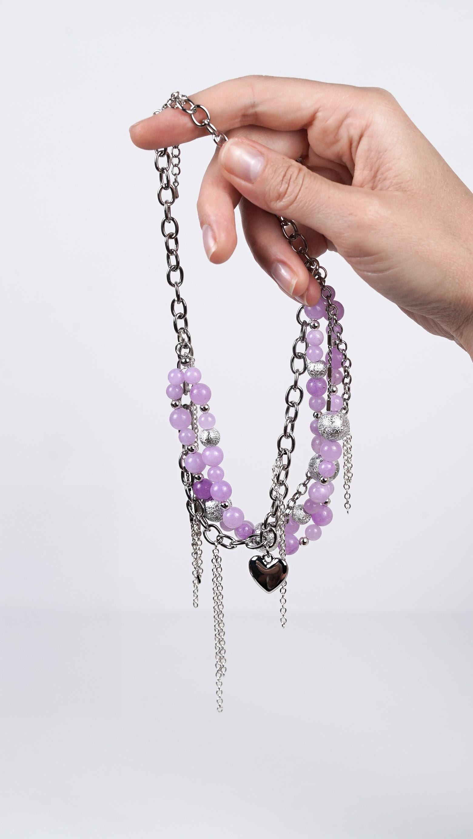 Lavender Rebel Necklace – Chunky Beaded Statement Necklace with Silver Chains, Heart Charm & Edgy Details | Handmade Unique Jewelry - Thumbnail 4