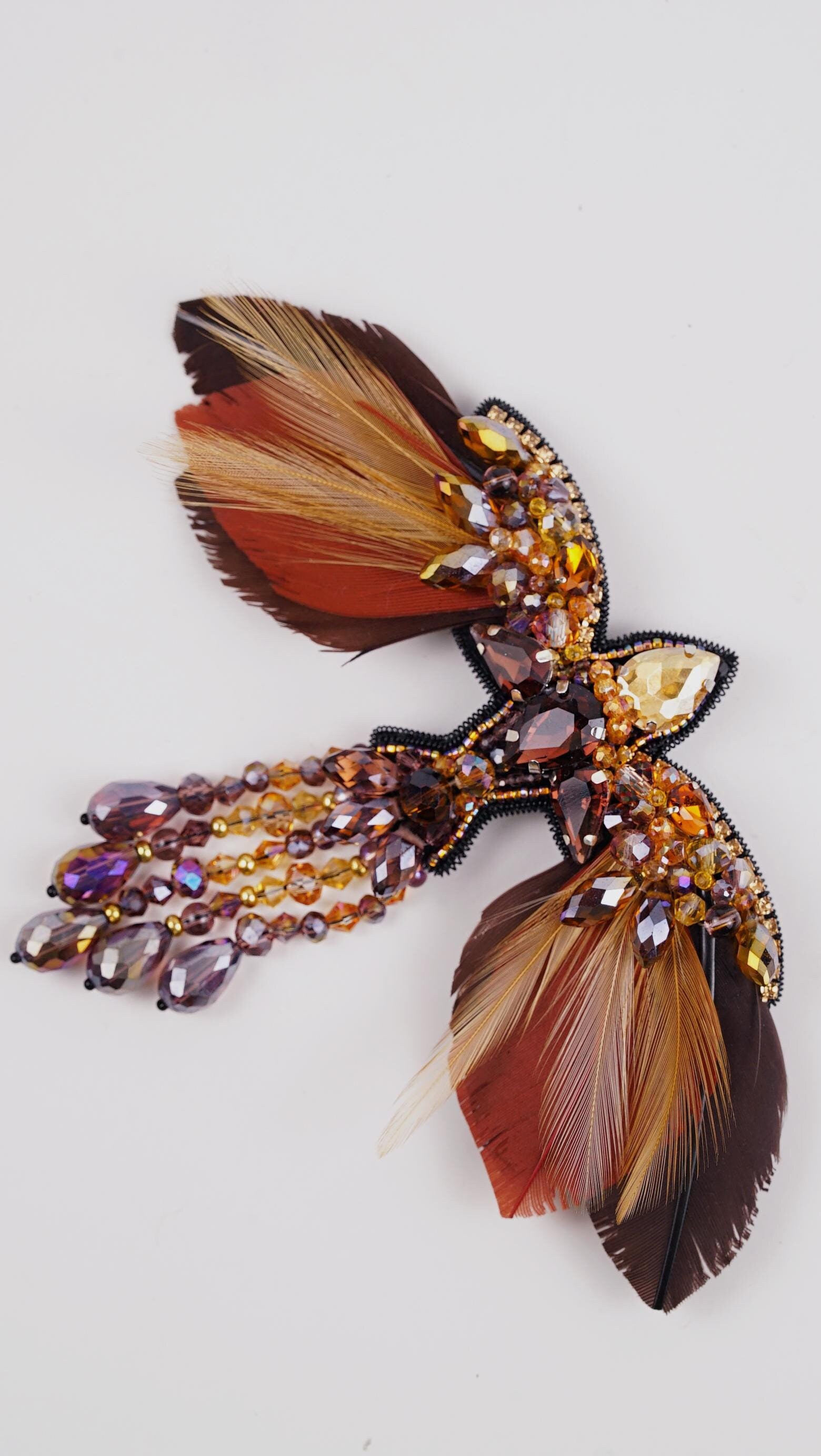 Autumn Phoenix Beaded Brooch – Handmade with Swarovski Crystals and Warm Hues