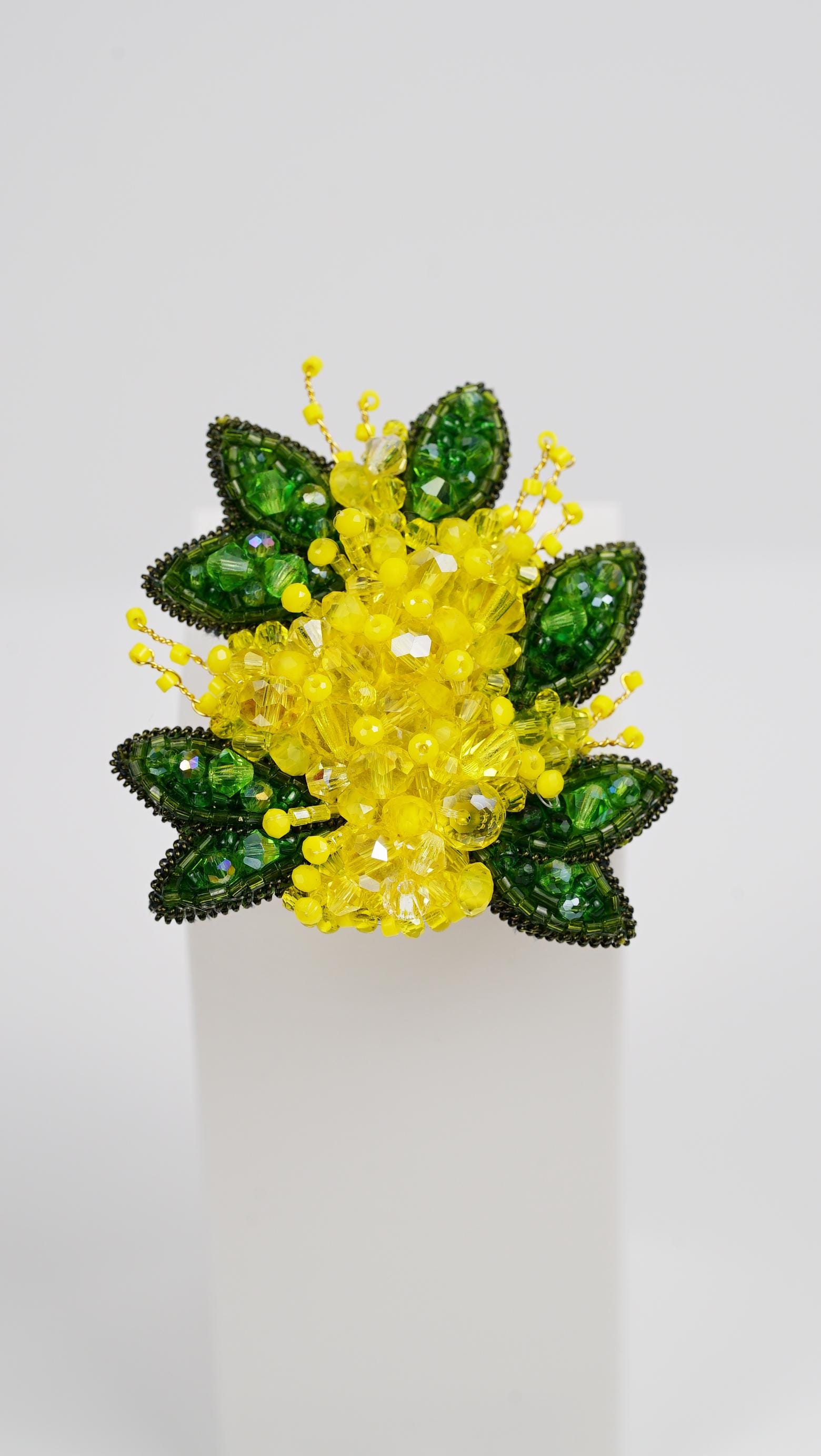Handmade Mimosa Flower Beaded Brooch – Yellow & Green Crystal Floral Pin – Spring Jewelry – Nature-Inspired Gift - Image 1