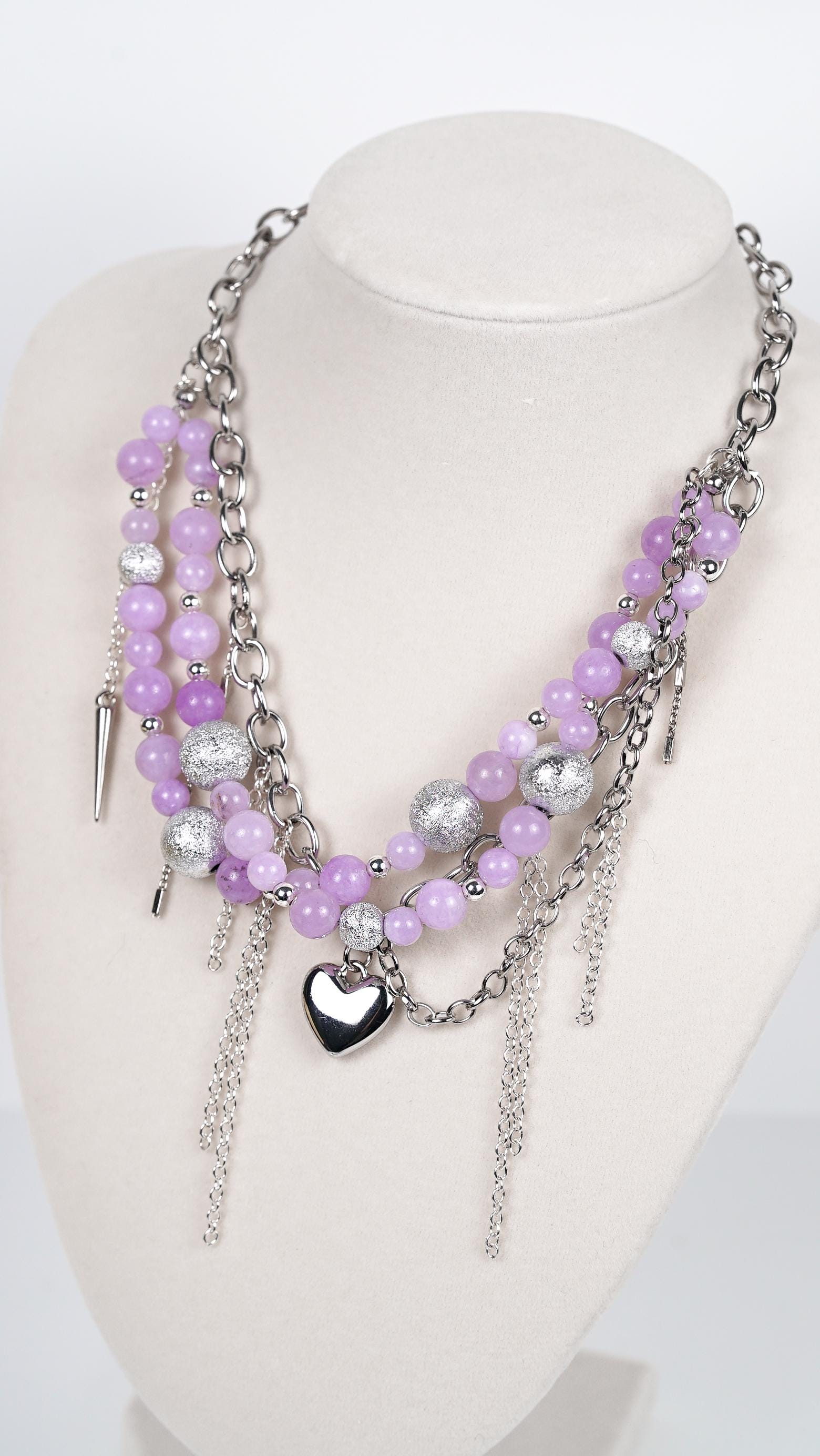 Lavender Rebel Necklace – Chunky Beaded Statement Necklace with Silver Chains, Heart Charm & Edgy Details | Handmade Unique Jewelry - Thumbnail 2