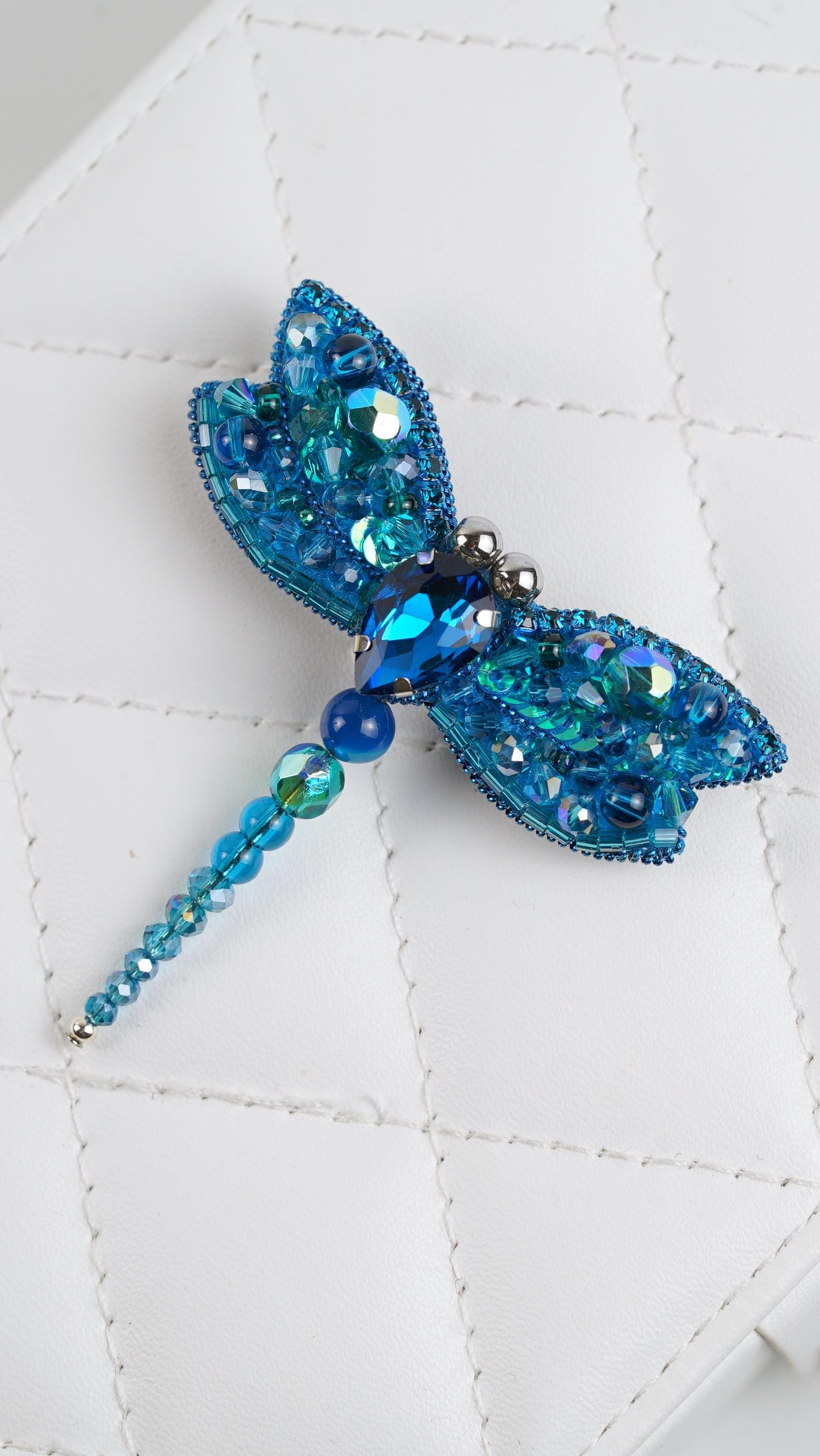 Aqua Blue Dragonfly Beaded Brooch – Handmade Beaded Jewelry – Swarovski Crystal Brooch – Statement Pin – Gift for Nature Lover - Thumbnail 7