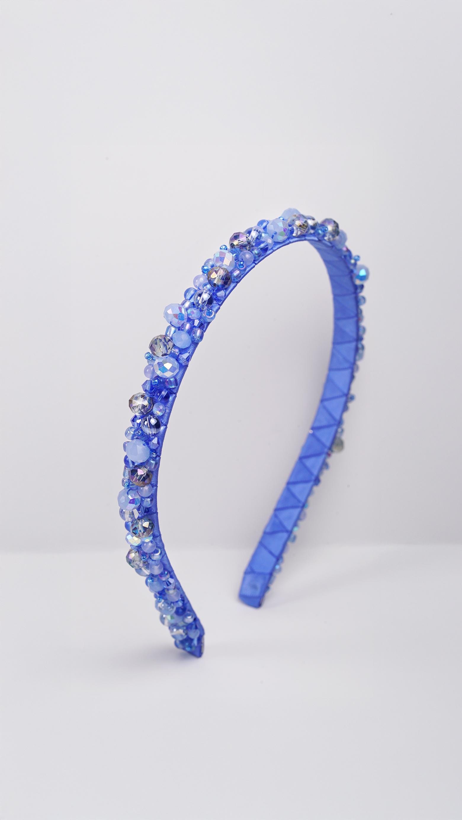 Sky Blue Beaded Headband – Handmade Satin Wrapped Crystal Headband, Sparkly Hair Accessory, Blue Beaded Hairband, Unique Gift for Her