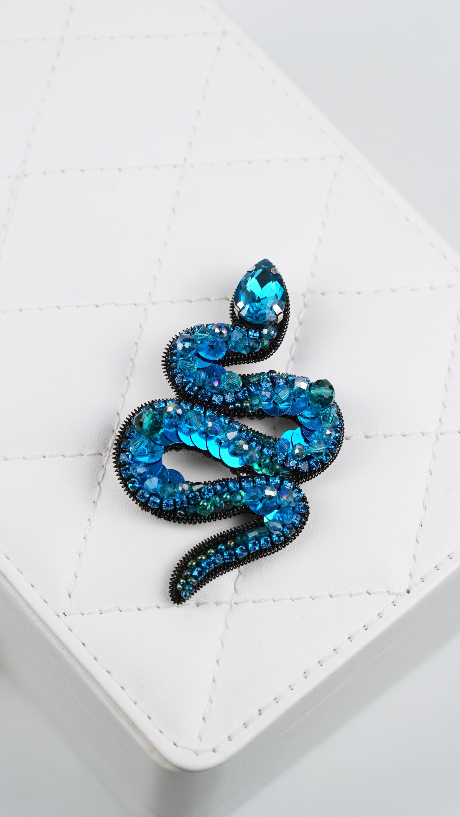 Aqua Blue Beaded Snake Brooch – Handmade Swarovski Crystal Statement Pin – Blue Jewelry – Unique Gift for Her – SOMETHING UNIQUE Accessories - Thumbnail 2