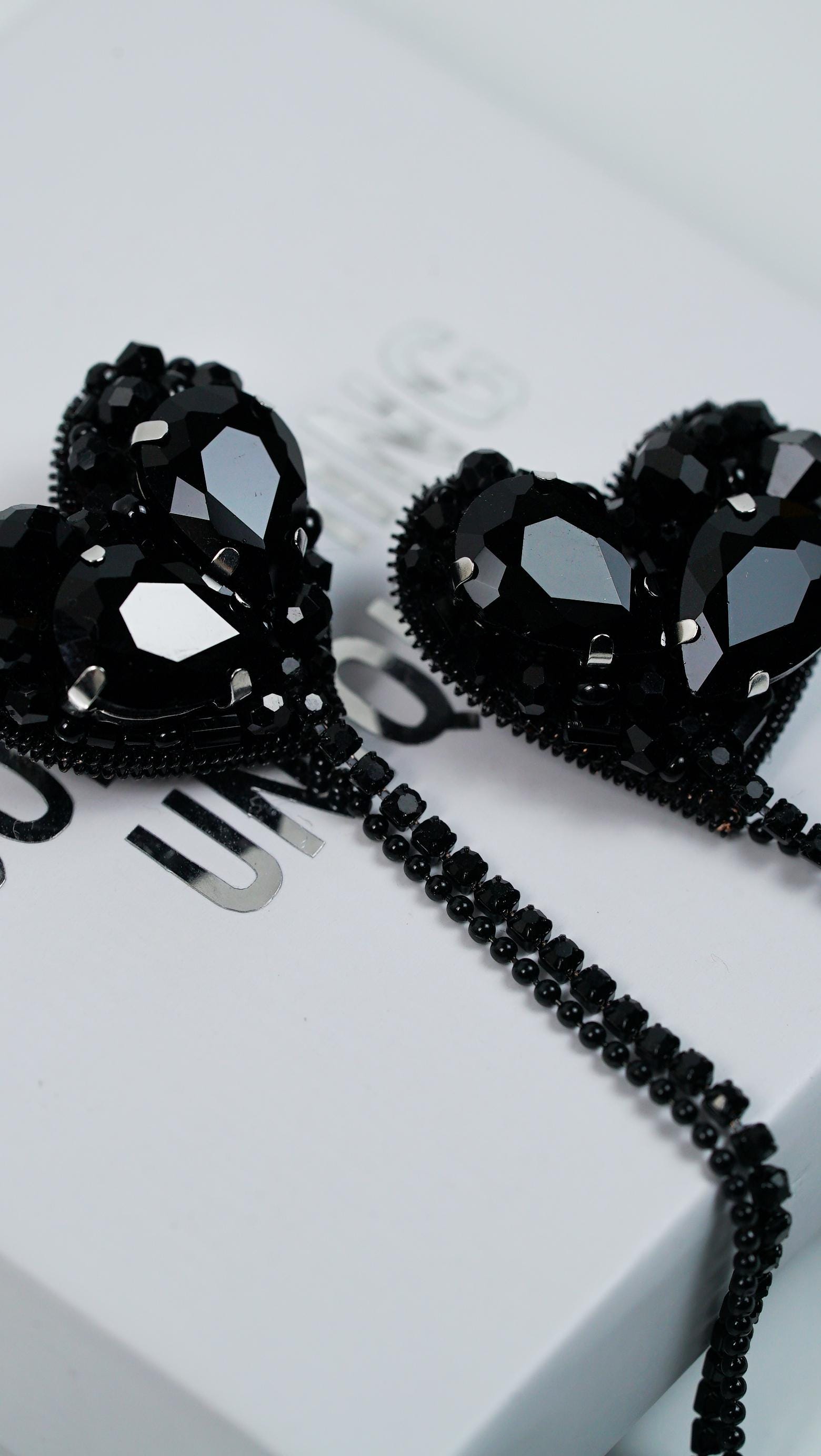 Two Hearts Connected Handmade beaded collar brooch with rhinestone chains and crystal beads - Thumbnail 4