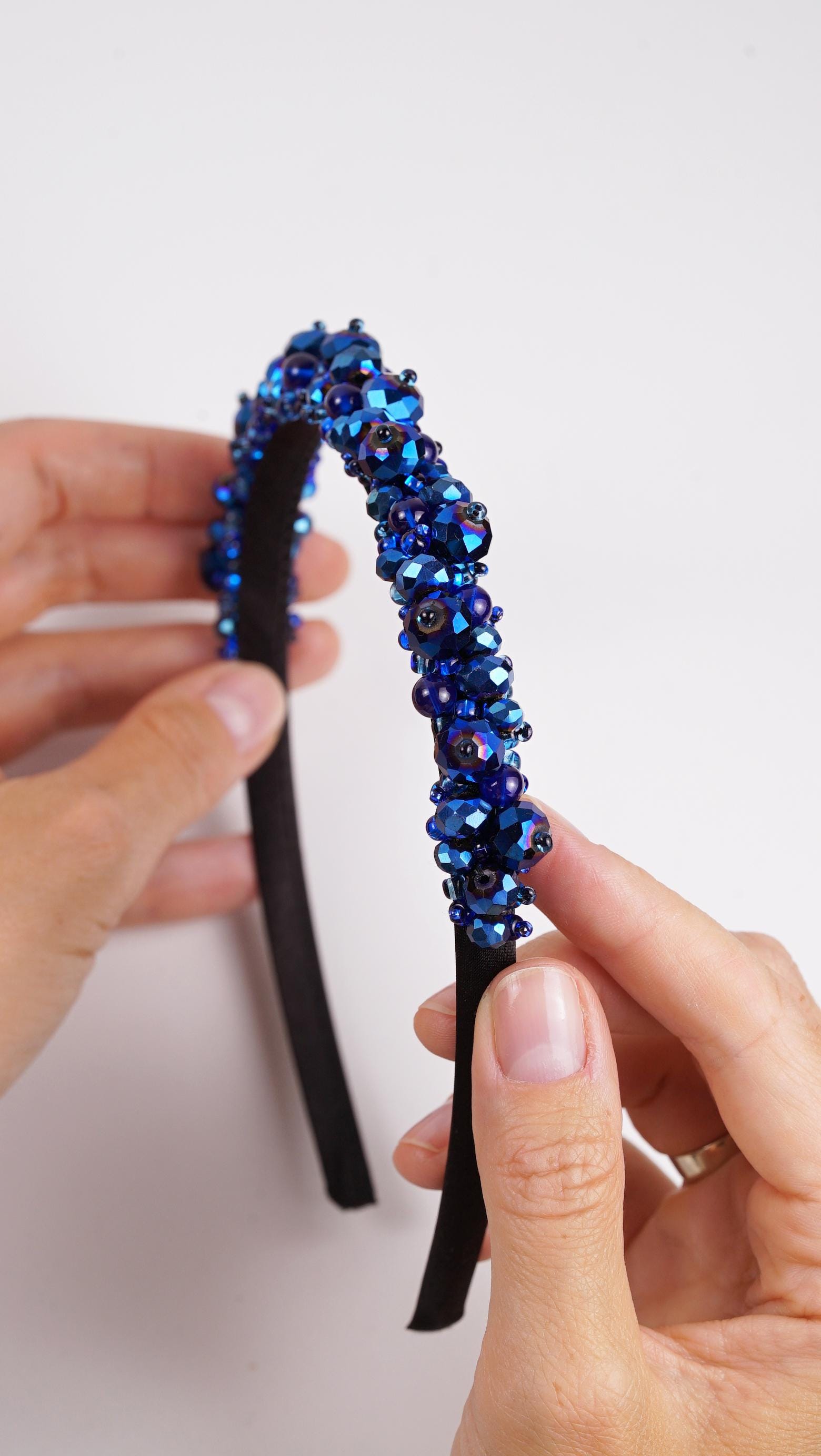 Sapphire Blue Beaded Crown Headband – Handmade Luxury Crystal Hair Accessory - Thumbnail 4