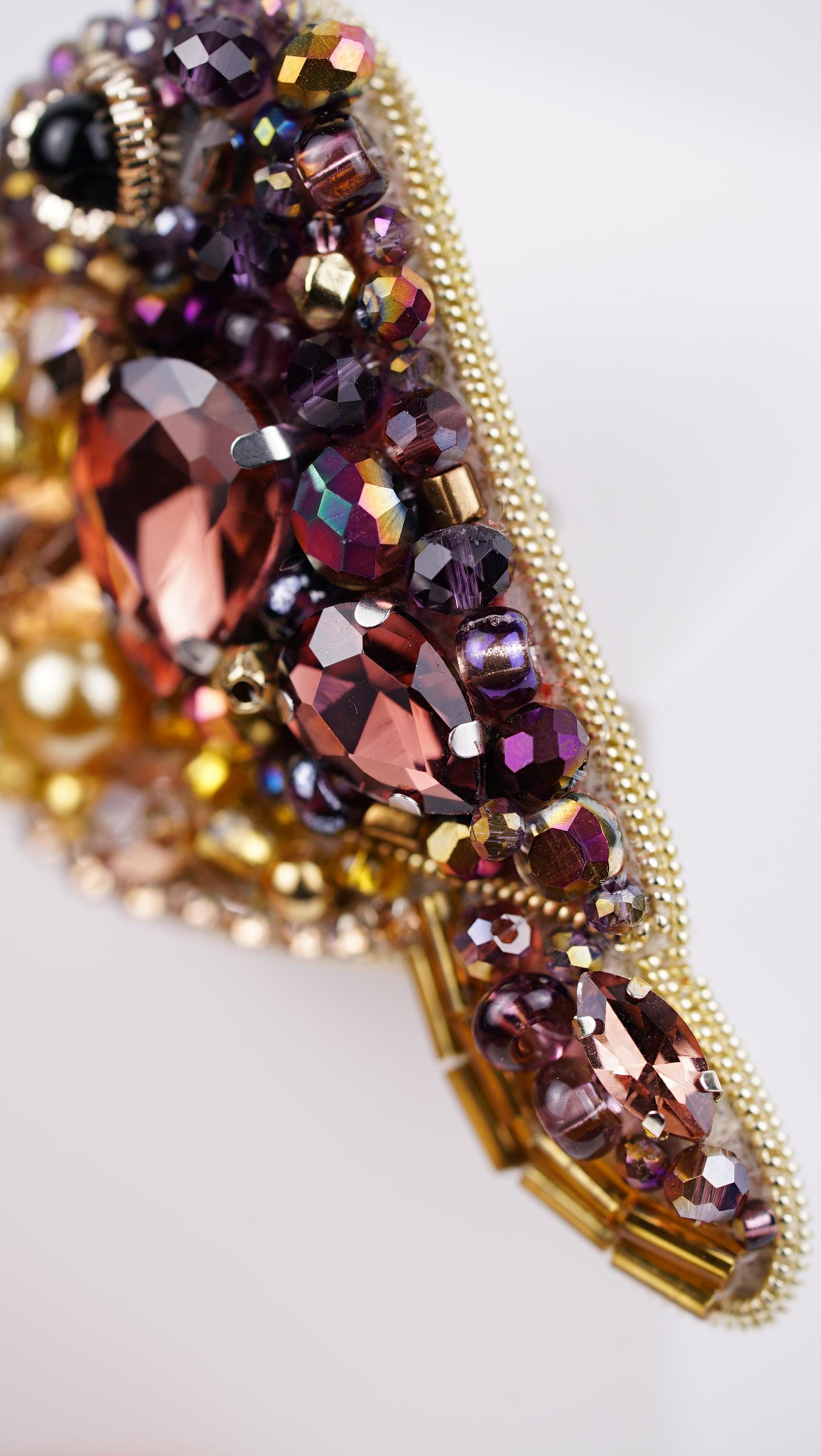 Handmade Amethyst Sparrow Brooch | Gold and Rose Gold Beaded Pin | Crystal & Seed Beads | Eco-Friendly Leather Backing - Thumbnail 3