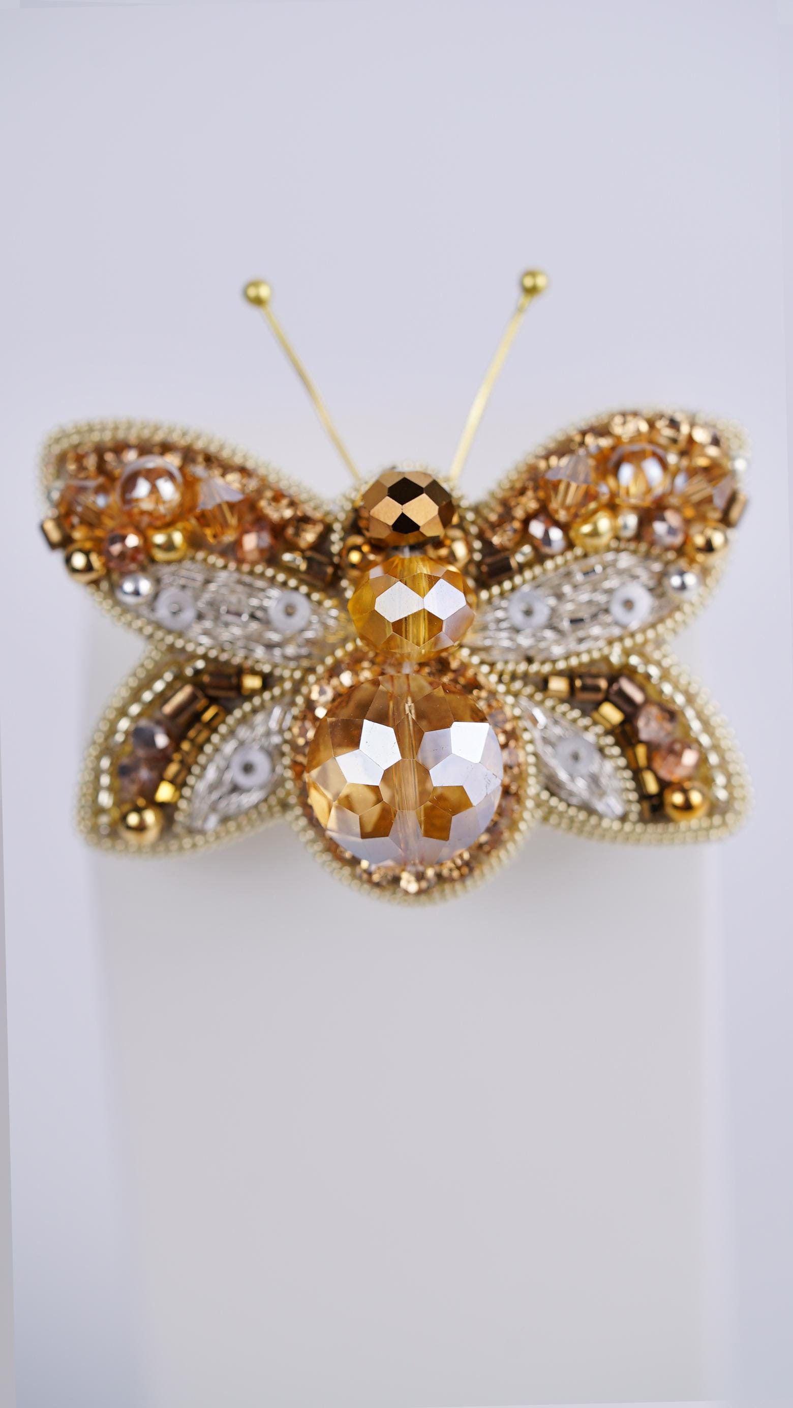 Honey Gold Butterfly Beaded Brooch – Handmade with Swarovski Crystals - Thumbnail 5