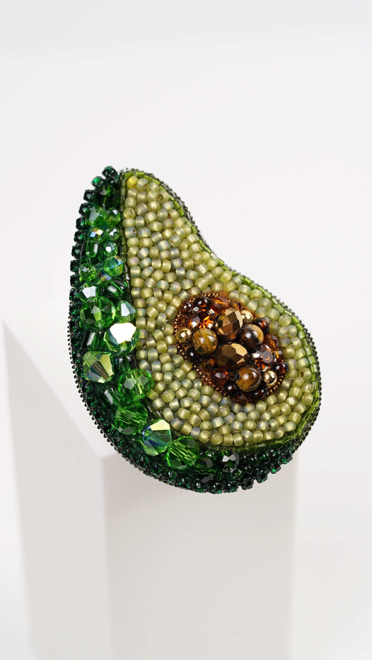 Handmade Avocado Beaded Brooch – Swarovski Crystal Beads – Fun Fruit Pin – Playful Statement Accessory – Gift for Foodie – Green Jewelry - Thumbnail 5