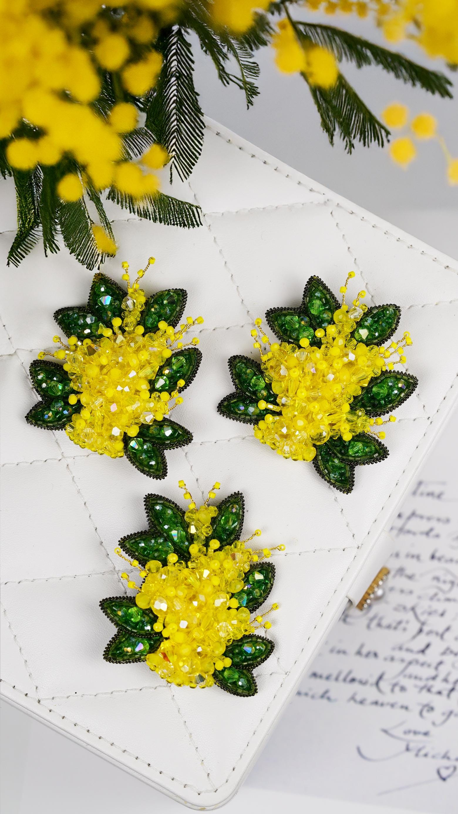Handmade Mimosa Flower Beaded Brooch – Yellow & Green Crystal Floral Pin – Spring Jewelry – Nature-Inspired Gift - Thumbnail 7