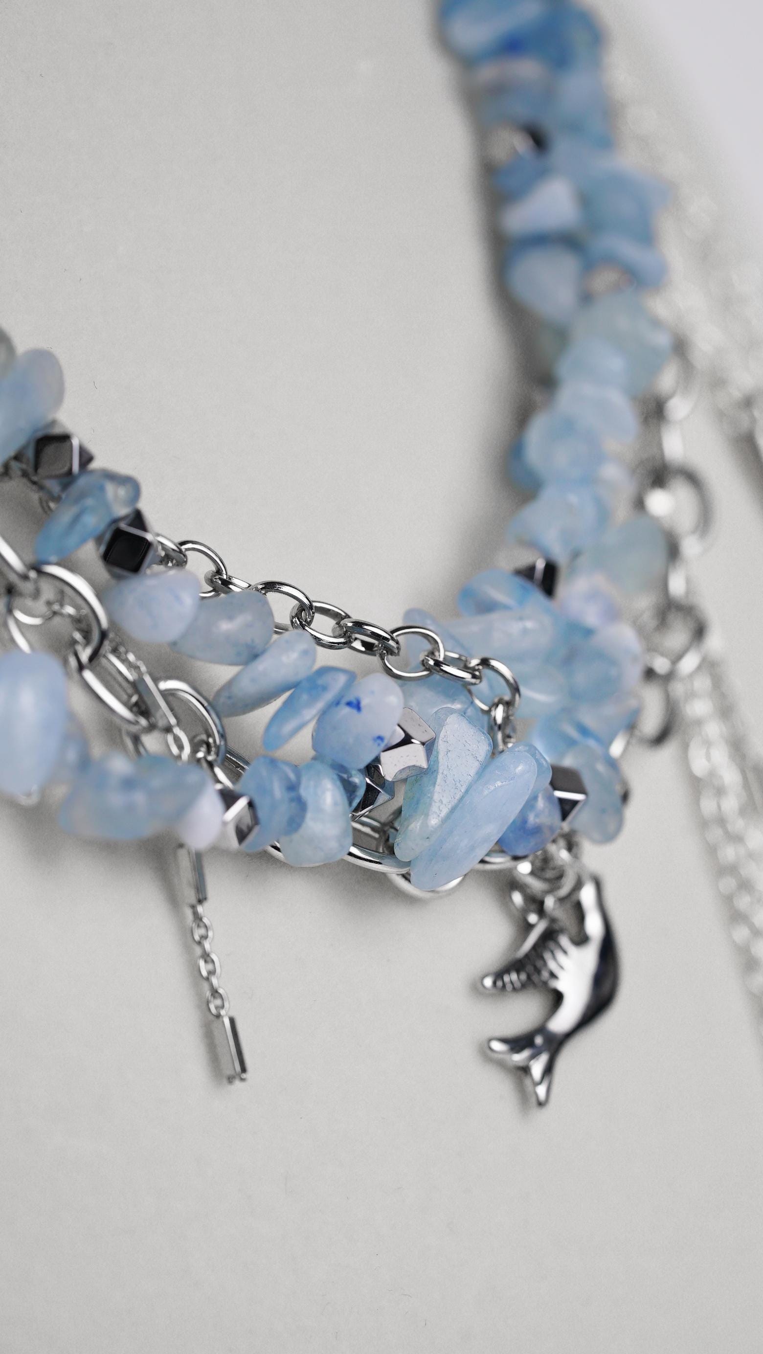 Sky Blue Rebel Necklace – Edgy Chunky Layered Chain with Blue Quartz Chips, Silver Charms & Bird Pendant | Handmade Statement Necklace - Thumbnail 5