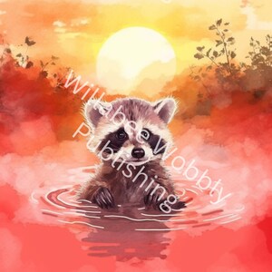 26 Cute Raccoons. All pics are with watercolor, sunsets, ponds, trees, lakes and rivers. PNG, commercial use allowed.