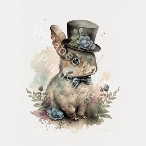 Puede incluir: Una ilustración de acuarela de un conejo marrón que lleva un sombrero de copa negro con flores azules y una pajarita azul. El conejo está sentado en un campo de hojas verdes y flores azules.