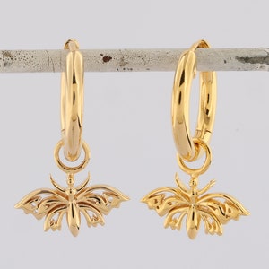 Gaia Goddess Hoop Dangle Earrings, Gold Hoops, Dangle Hoops Butterfly Goddess Earrings