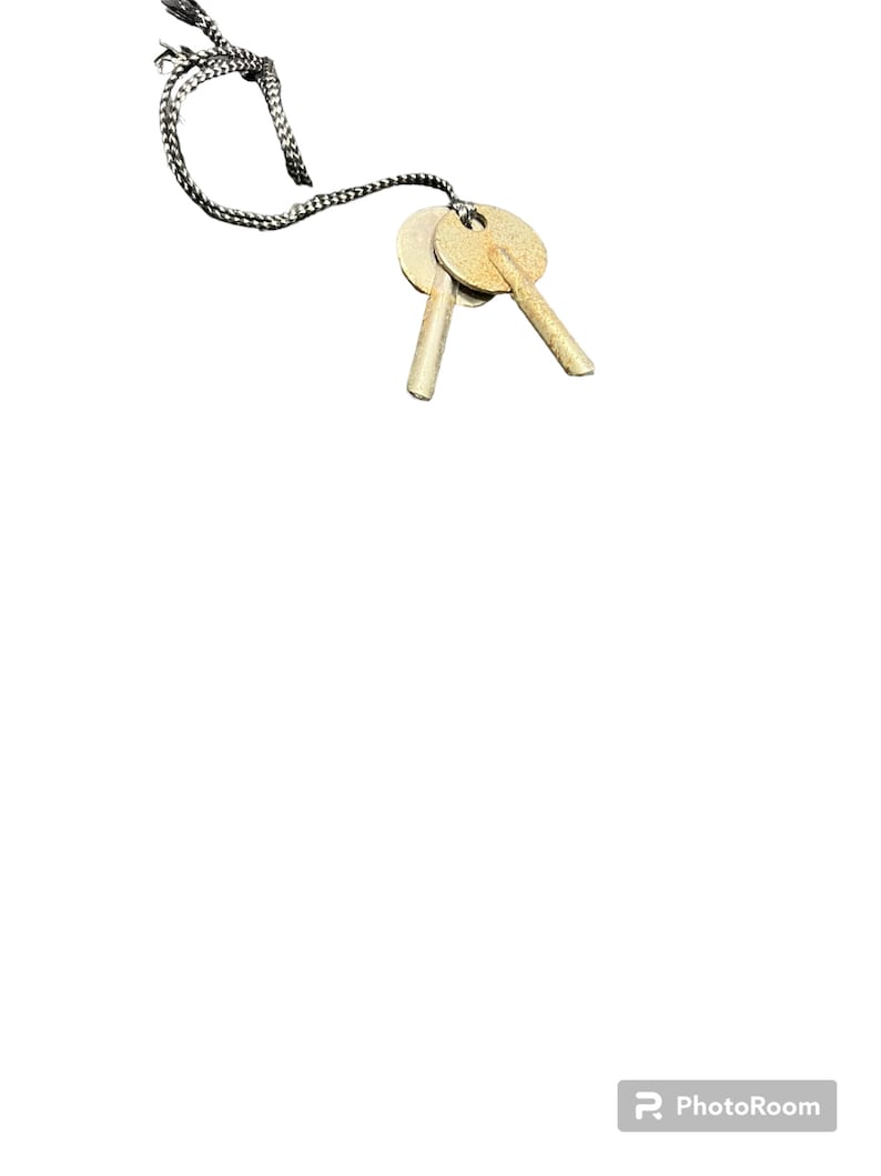 May include: Two gold-colored keys attached to a black and white string.