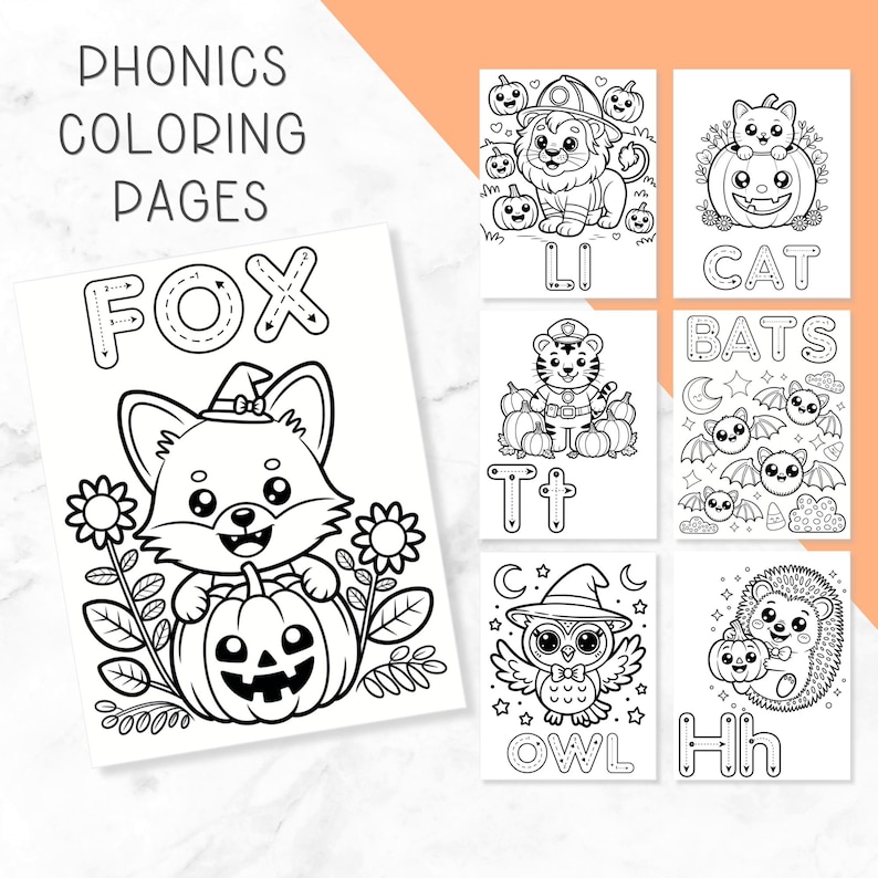 May include: A set of black and white phonics coloring pages featuring illustrations of a fox, lion, cat, tiger, bats, owl, and hedgehog. Each page includes large letters for tracing and cute animal characters with pumpkins, stars, and flowers.