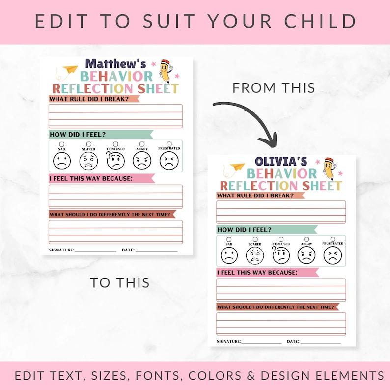 Editable Behavior Sheets for Kids | Behavior Tracker, Reflection Sheet ...