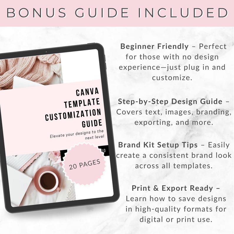 Puede incluir: Una tableta digital muestra una gu&iacute;a de personalizaci&oacute;n de plantillas de Canva con 20 p&aacute;ginas. La gu&iacute;a ofrece consejos de dise&ntilde;o, asesoramiento de marca e instrucciones de impresi&oacute;n/exportaci&oacute;n. El texto dice "Eleva tus dise&ntilde;os al siguiente nivel" y "Gu&iacute;a de bonificaci&oacute;n incluida".