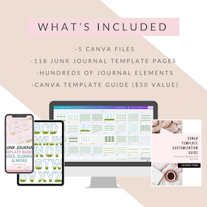 Puede incluir: Un paquete de productos digitales que se muestra en una computadora, tableta y tel&eacute;fono. La imagen incluye el texto "WHAT'S INCLUDED" y enumera 5 archivos de Canva, 118 p&aacute;ginas de plantillas de diario, cientos de elementos de diario y una gu&iacute;a de plantillas de Canva.