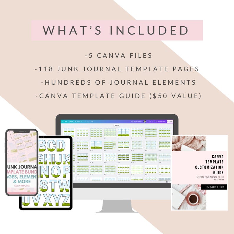 Puede incluir: Un paquete de productos digitales que se muestra en una computadora, tableta y tel&eacute;fono. La imagen incluye el texto "WHAT'S INCLUDED" y enumera 5 archivos de Canva, 118 p&aacute;ginas de plantillas de diario, cientos de elementos de diario y una gu&iacute;a de plantillas de Canva.