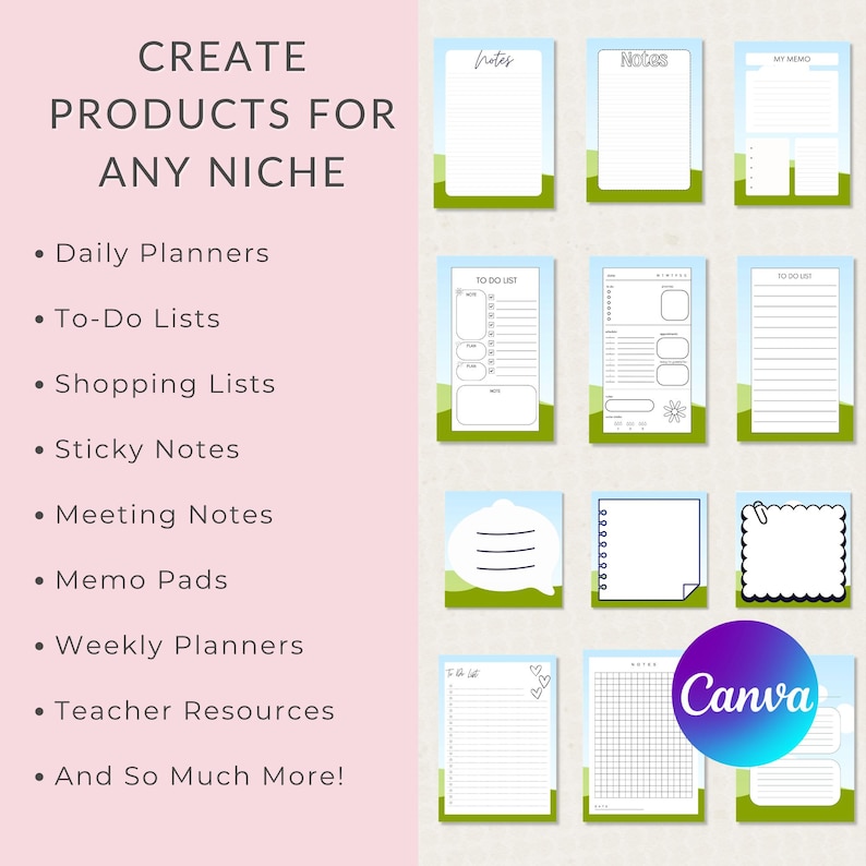 May include: A digital graphic featuring the text CREATE PRODUCTS FOR ANY NICHE followed by a list of items including Daily Planners and To-Do Lists. To the right, twelve rectangular templates are displayed with blue and green borders.