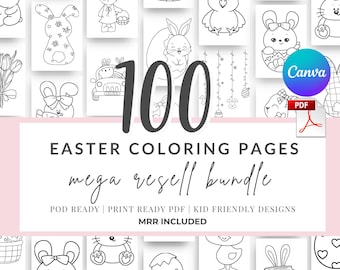 Paquete de 100 páginas para colorear de Pascua (Canva, editables/imprimibles para niños) en PDF. Derechos de reventa (MRR)
