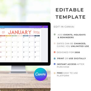 12 Editable Canva Calendar Templates | 2026 Monthly Planner | Digital Stickers | MRR Printable Bundle image 4
