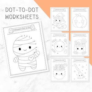 May include: A collection of Halloween dot-to-dot worksheets featuring black and white line art. The pages include illustrations of a mummy, a witch, a pumpkin, candy, and a ghost, with the text "Halloween Dot to Dot" and "Follow the numbers to complete the object and color it" printed on each page.