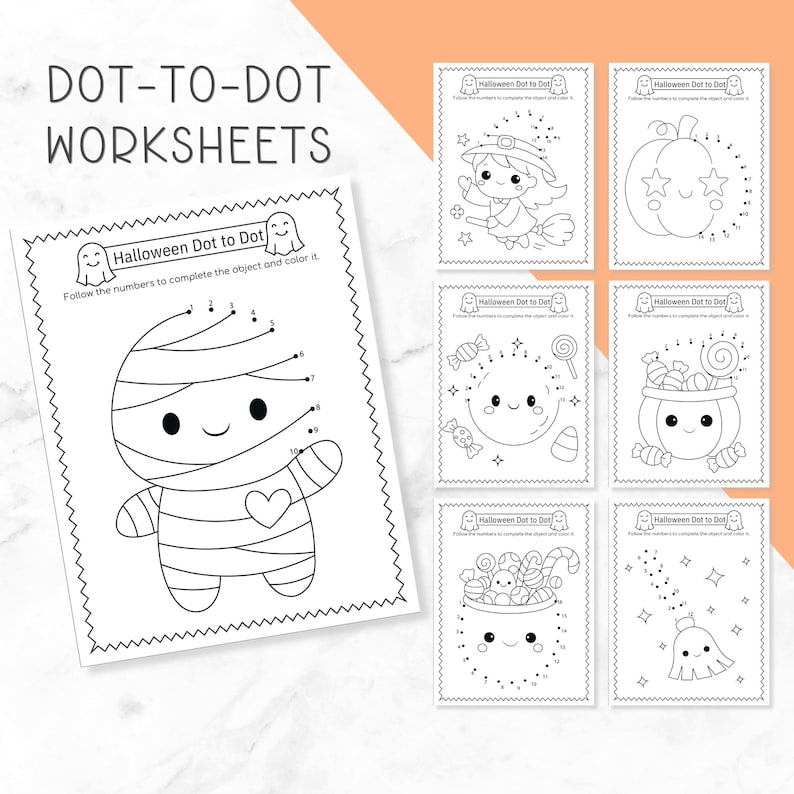 May include: A collection of Halloween dot-to-dot worksheets featuring black and white line art. The pages include illustrations of a mummy, a witch, a pumpkin, candy, and a ghost, with the text "Halloween Dot to Dot" and "Follow the numbers to complete the object and color it" printed on each page.