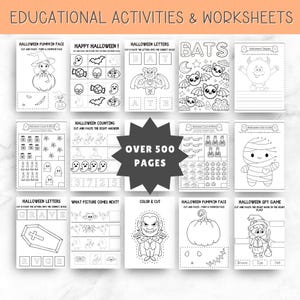 May include: A collection of black and white educational activity and worksheet pages featuring Halloween themes. The sheets include cut and paste tasks, counting exercises, letter matching, dot-to-dot, and coloring activities with text stating OVER 500 PAGES.