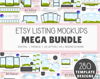 May include: A digital collection of Etsy listing mockups titled Etsy Listing Mockups Mega Bundle, featuring 280 template designs for mobile, US letter, and A4 formats. The graphic displays various layouts for tablets, computers, and phones.