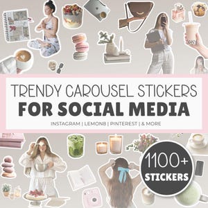 May include: A collection of digital stickers featuring lifestyle imagery including yoga, coffee, pastries, books, candles, and fashion accessories. The text reads TRENDY CAROUSEL STICKERS FOR SOCIAL MEDIA INSTAGRAM | LEMON8 | PINTEREST | & MORE and 1100+ STICKERS.