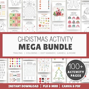 Peut inclure: Un méga pack d'activités de Noël comprenant plus de 100 pages imprimables avec du traçage, du coloriage, des feuilles de marqueurs à points et des jeux. La collection inclut diverses fiches sur le thème des fêtes comme des jeux de mémoire.