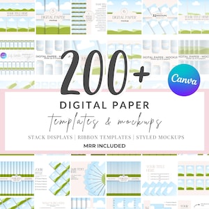 Könnte beinhalten: Werbebild für digitale Papiervorlagen und Mockups. Das Bild zeigt den Text "200+ DIGITAL PAPER Templates & Mockups" mit dem Canva-Logo. Das Bild enthält Beispiele für Stapelanzeigen, Ribbon-Vorlagen und Stildarstellungen.