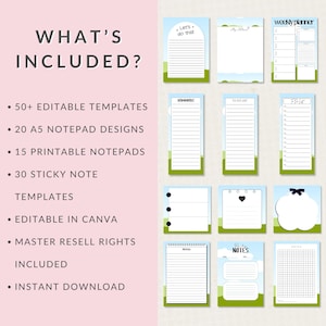 May include: A collection of digital planner and notepad templates featuring light blue and green landscape designs. The set includes various layouts such as weekly planners, to-do lists, reminder sheets, and note pages with grid or lined formats.