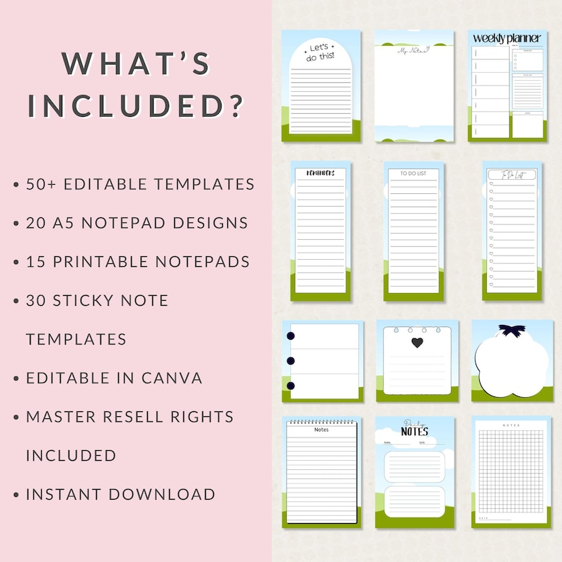 May include: A collection of digital planner and notepad templates featuring light blue and green landscape designs. The set includes various layouts such as weekly planners, to-do lists, reminder sheets, and note pages with grid or lined formats.