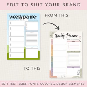 May include: Two weekly planner templates are displayed. The left template features a blue sky and green grass background with black text. The right template has a cream background with pastel colored sections, floral accents, and black text.