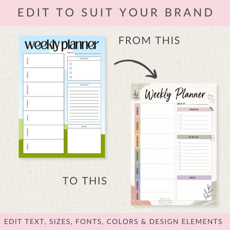 May include: Two weekly planner templates are displayed. The left template features a blue sky and green grass background with black text. The right template has a cream background with pastel colored sections, floral accents, and black text.