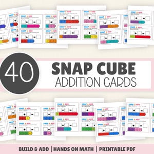 May include: A set of 40 printable Snap Cube Addition Cards featuring maths problems with colourful block illustrations, addition symbols, and empty boxes for writing answers, labelled with the text 40 SNAP CUBE ADDITION CARDS.