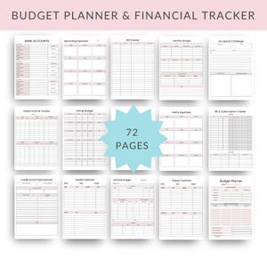 May include: A budget planner and financial tracker with 72 pages. The pages include sections for bank accounts, upcoming expenses, bill tracking, monthly budgets, and more. The planner has a pink and white color scheme.