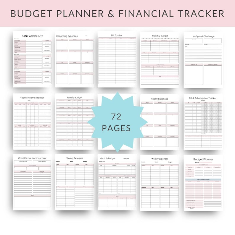 May include: A budget planner and financial tracker with 72 pages. The pages include sections for bank accounts, upcoming expenses, bill tracking, monthly budgets, and more. The planner has a pink and white color scheme.