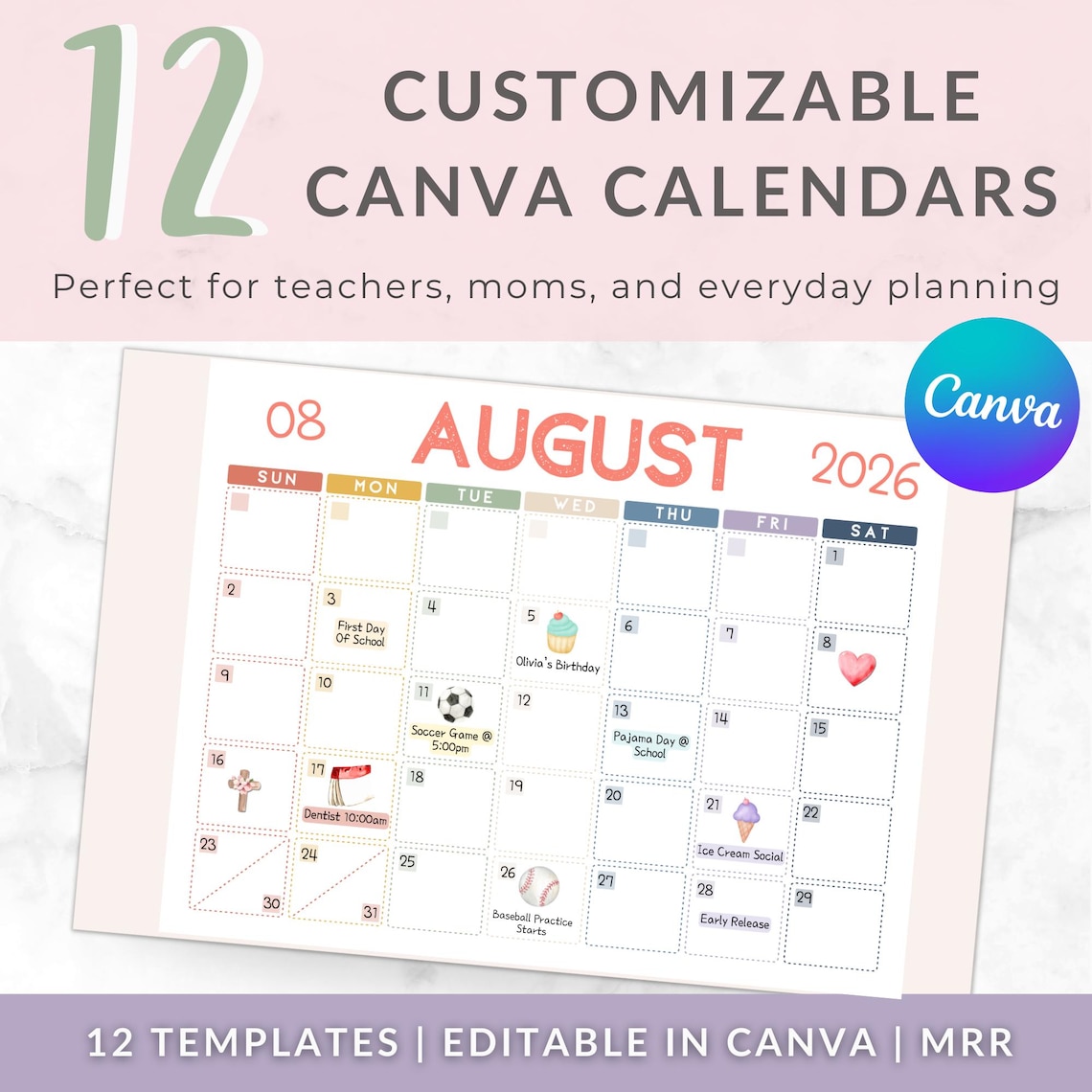12 Editable Canva Calendar Templates | 2026 Monthly Planner | Digital ...