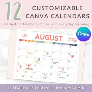12 plantillas de calendario editables de Canva / Planificador mensual 2026 / Pegatinas digitales / Paquete imprimible de MRR
