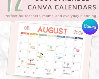 12 Editable Canva Calendar Templates | 2026 Monthly Planner | Digital Stickers | MRR Printable Bundle