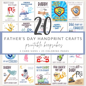 May include: A selection of Father's Day handprint craft cards with diverse designs. The cards showcase handprints, golf, whales, hammers, and superhero themes. Text includes "Happy Father's Day" and "Best Dad By Par!"