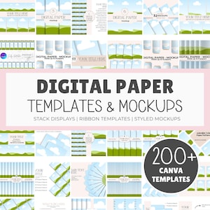 May include: A collection of digital paper templates and mockups featuring a repeating landscape pattern of green hills and white clouds against a blue sky. The set includes stack displays, ribbon templates, and styled mockups for Canva.